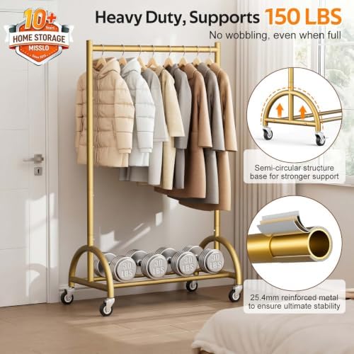 MISSLO Heavy Duty Clothing Rack with Wheels Rolling Clothes Racks for Hanging...