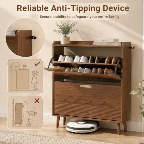 Seang 31.5" Shoe Storage Cabinet for Entryway with 2 Flip Drawers, Walnut