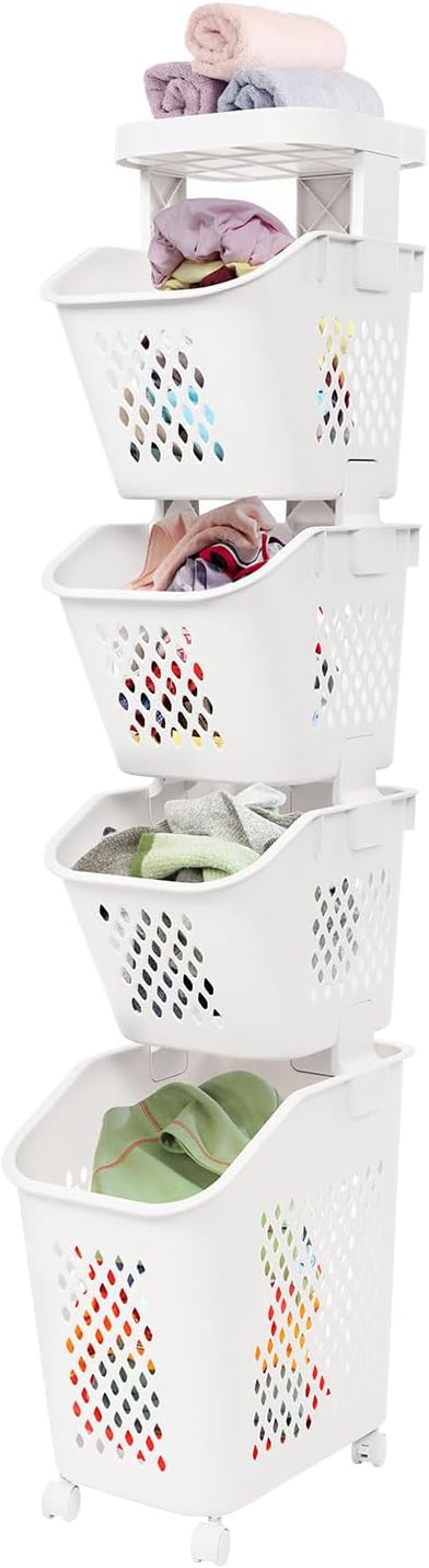4-Tier Plastic Laundry Hamper Sorter with Wheels,Tiered Laundry Basket Organi...