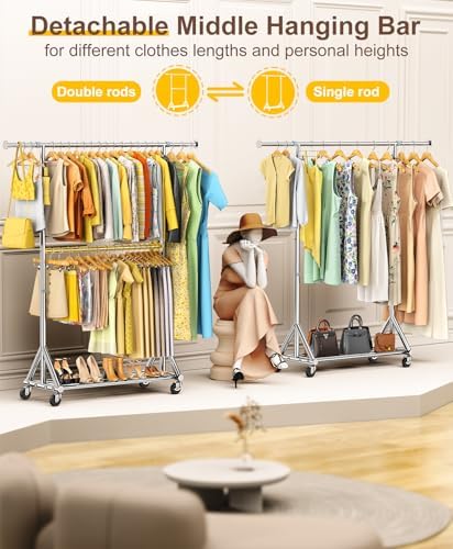 100% Stainless Steel Heavy Duty Clothes Rack Load 860 LBS, Two Tier Rolling G...