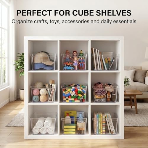 MOONEDGE 6-Pack 10x10x6 Clear Plastic Cube Storage Bins with Handles