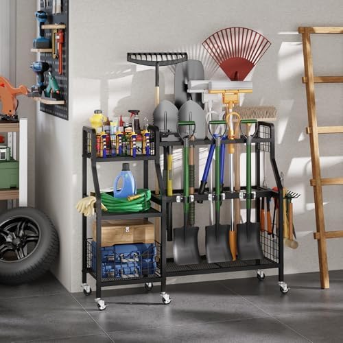 keomaisyto Heavy-Duty Garden Tool Organizer with 6 Wheels and 2 Baskets
