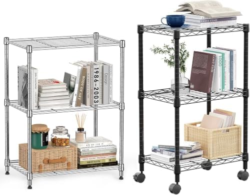 3 Tier Shelf Metal Storage Shelves Wire Rack Closet Organizers with Wheel for...