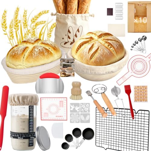 52 Pcs Sourdough Starter Kit with 9" Round & 10" Oval Bread Pro...