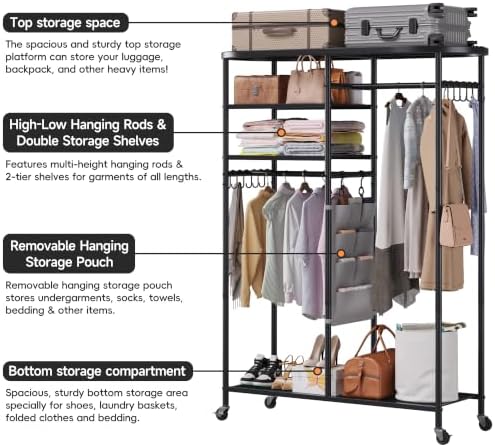 BACEKOLL Heavy Duty Clothes Rack with Cover Portable Rolling Closet 480LBS