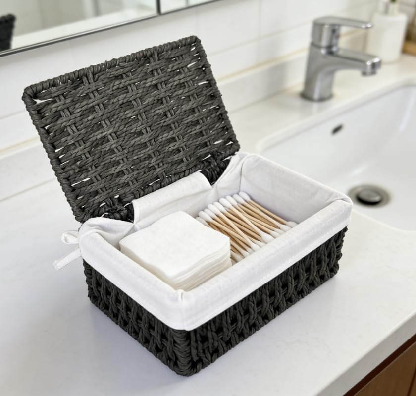 Woven Basket with Lid, Set of 3 Nesting Baskets - Black