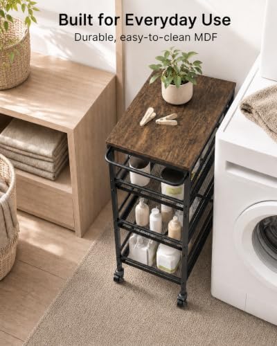 Pipishell Laundry Storage Cart with Wheels, Handle & Wood Top, Metal 4 Tier