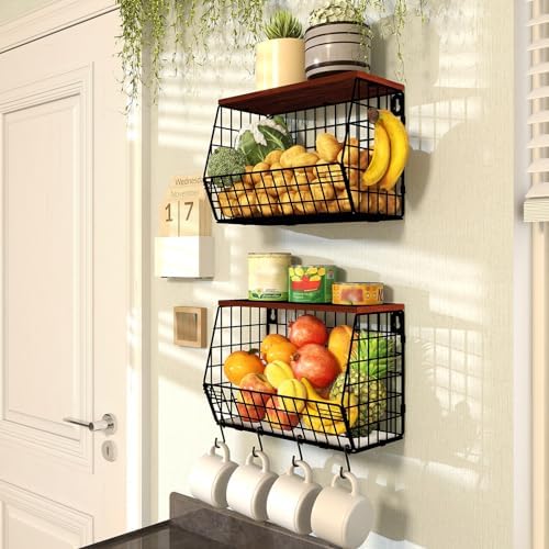 Mefirt 2pcs Fruit Basket Kitchen Storage Basket with Wood Lid