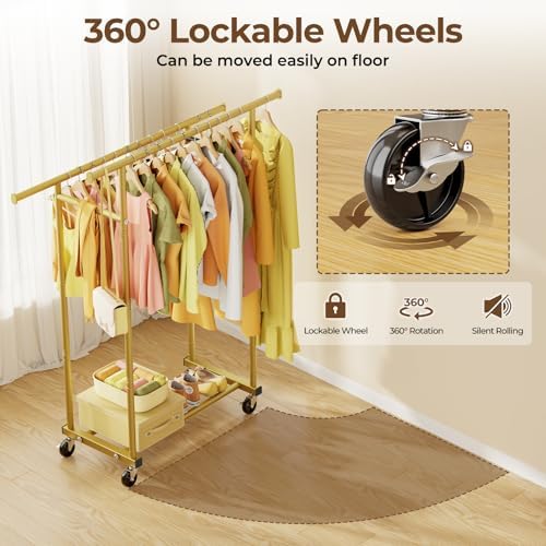 HYSEYY Double Rods Clothes Rack, Sturdy Rolling Clothing Rack, Portable Cloth...