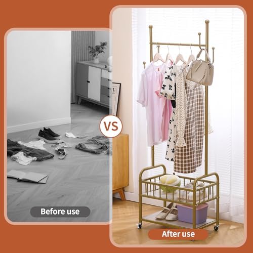 BOOSDEN Gold Clothing Rack with Wheels, Rolling Clothes Rack, Garment Rack