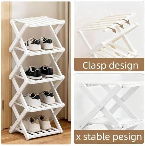 Vertical Narrow Shoe Rack White, 7 Tier Portable Folding Shoe Storage Rack, W...
