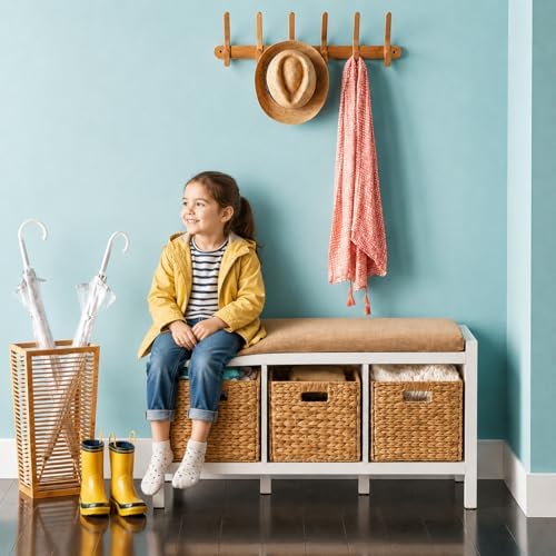 4 Hand-Woven Wicker Storage Baskets 13x11x11in, Water Hyacinth Shelf Bins