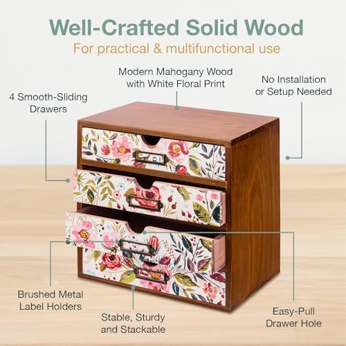 4-Drawer Vintage Desk Wood Storage Box With Drawers in Floral Chintz - Wooden...