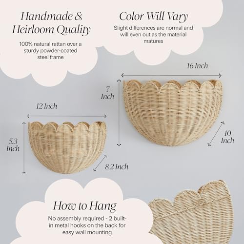 BEBE BASK The Original Scalloped Wicker Wall Basket – Set of 2 (16x10x7 In)