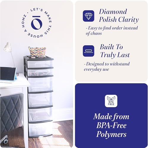 HOMZ 6 Drawer Storage Cart, Large Plastic Container, Black Frame, 2 Pack