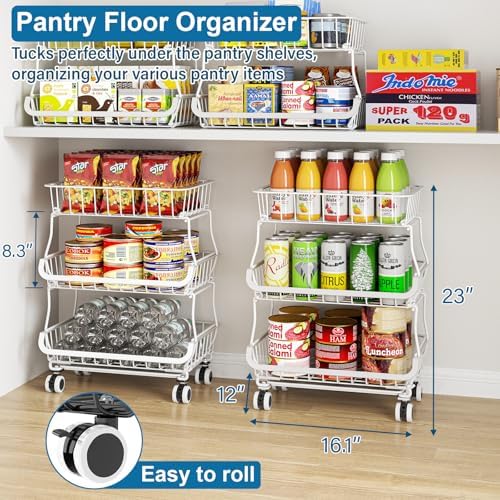 OKZEST 3-Tier Rolling Pantry Floor Organizers and Storage Cart with Wheels
