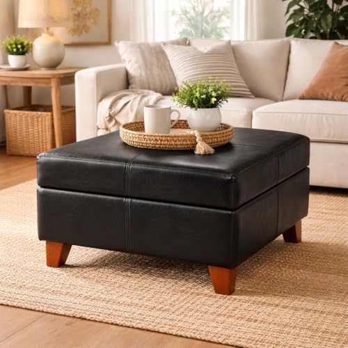 HomePop 28" Faux Leather Square Storage Ottoman - Black