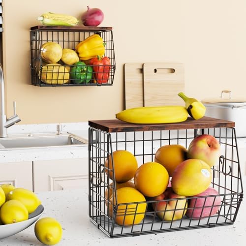 Mefirt 2pcs Fruit Basket Kitchen Storage Basket with Wood Lid