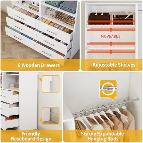 Closet System with 6 Drawers, Wood Closet Organizer System, Walk-in Closet or...
