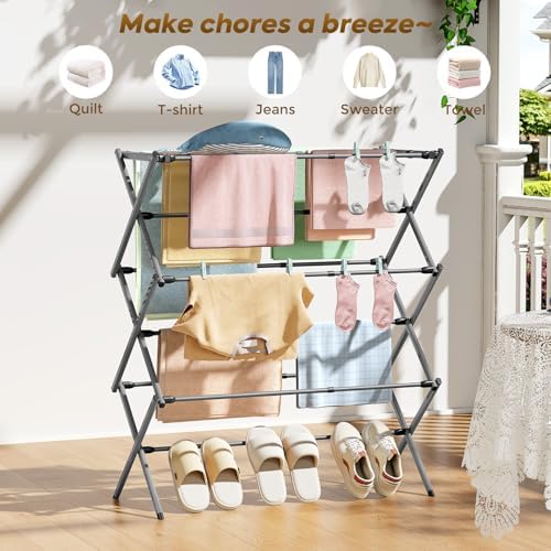 KINGBOARD Clothes Drying Rack, 3-Tier Foldable Extendable, Grey