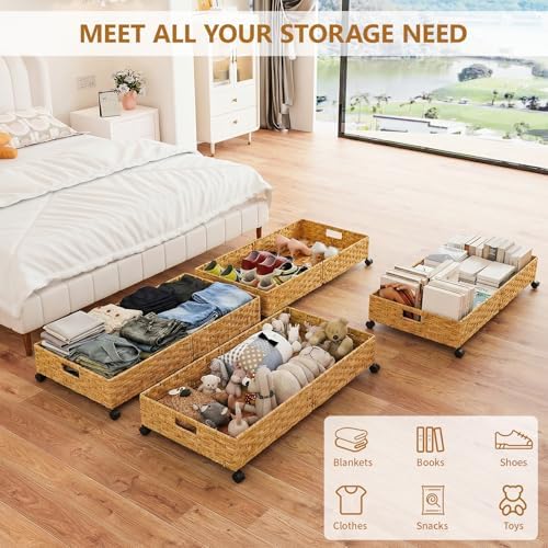 Under Bed Storage Containers with Wheels, 31.5” Large Handwoven Rattan Rollin...