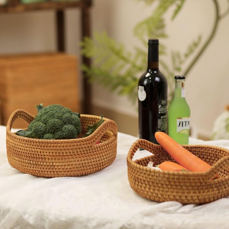 Rattan Storage Basket, Hand Woven Fruit Basket with Handles, Wicker Serving B...