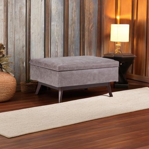 SIMPLIHOME Owen 34" Wide Vegan Leather Lift Top Ottoman in Grey Taupe