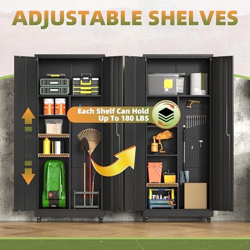 71''H Metal Garage Storage Cabinet with Wheels, Broom Cabinet with Lock