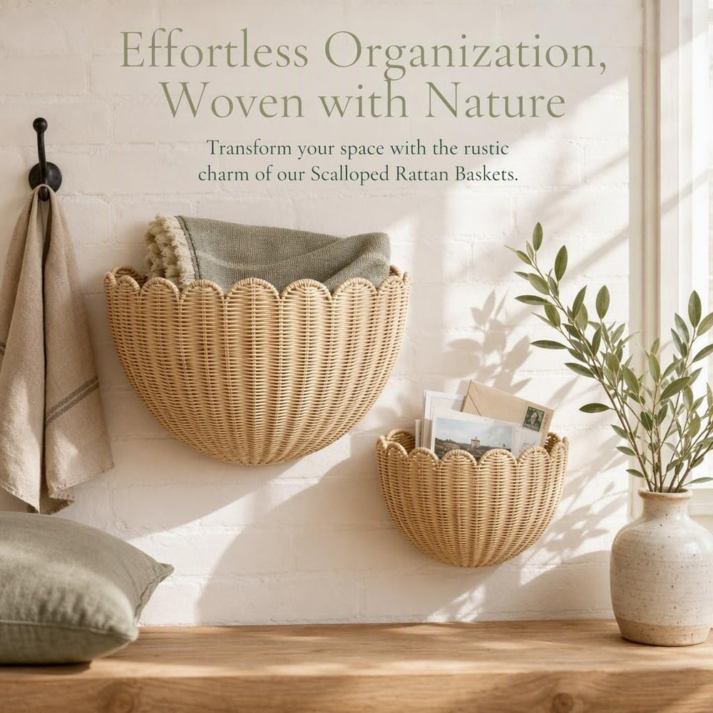 Scalloped Wall Basket Set of 2,Boho Hanging Wicker Wall Baskets