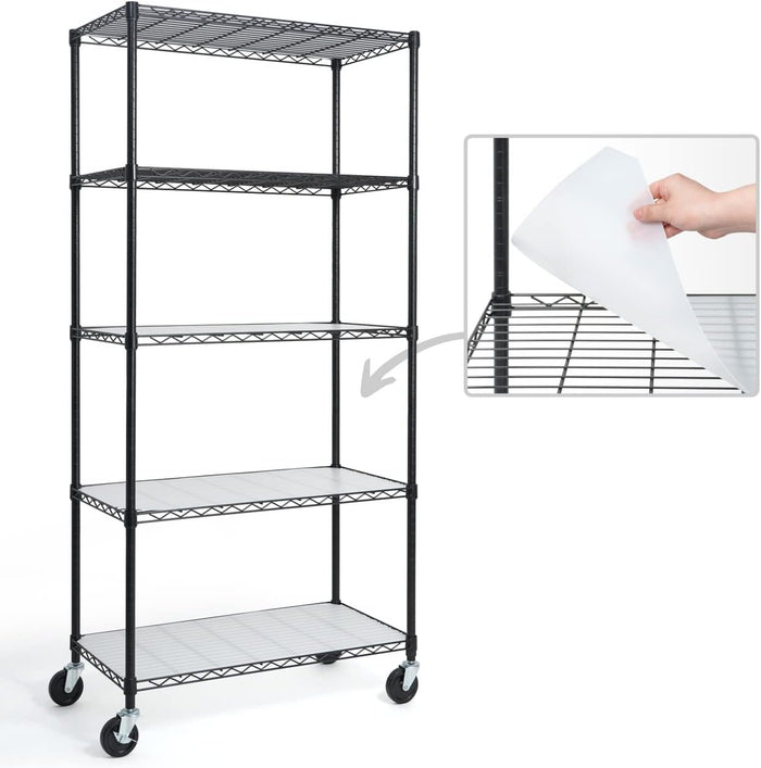 Fencer Wire NSF Commercial Heavy Duty Wire Shelving w/Wheels, Leveling Feet & Liners, Kitchen Storage Shelf, Garage Shelving Storage, Utility Wire Rack Storage Shelves, w/Liner, 36 x 18 x 76 5-Tier