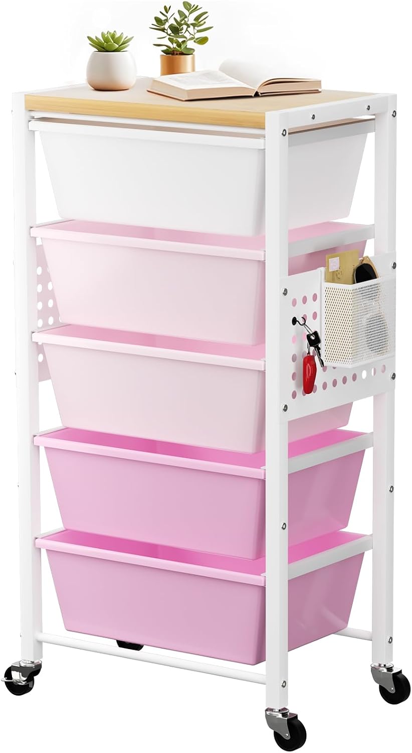 Rolling Cart with 5 Drawers, Plastic Drawer Storage Carts with Wheels & W...