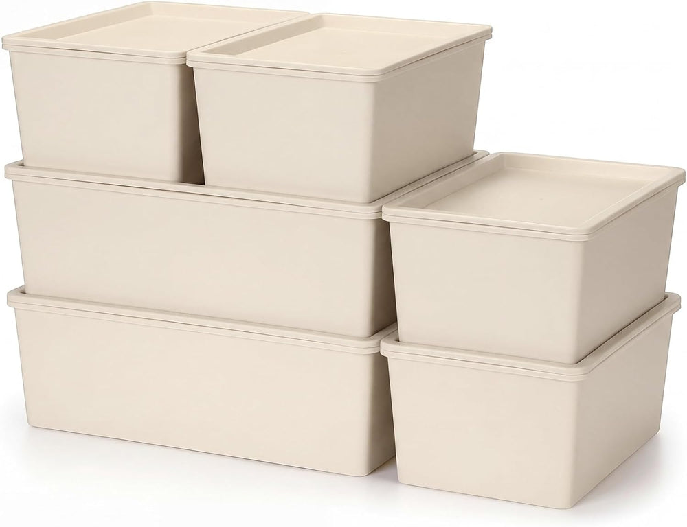 Menkxi 6 Pcs White Large and Small Plastic Storage Bins with Lids