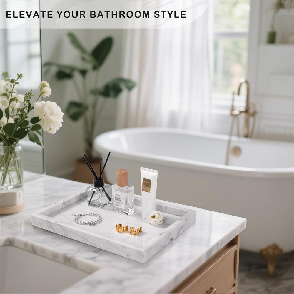 Marble Bathroom Tray for Countertop & Home Decor, Natural Decorative Marb...
