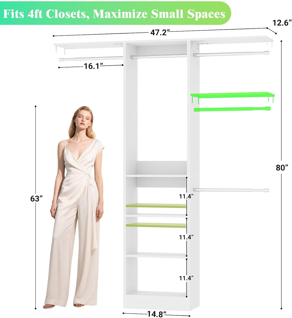 Besiost 4FT Small Closet Organizer System with 4 Hanging Rods & 3 Shelves