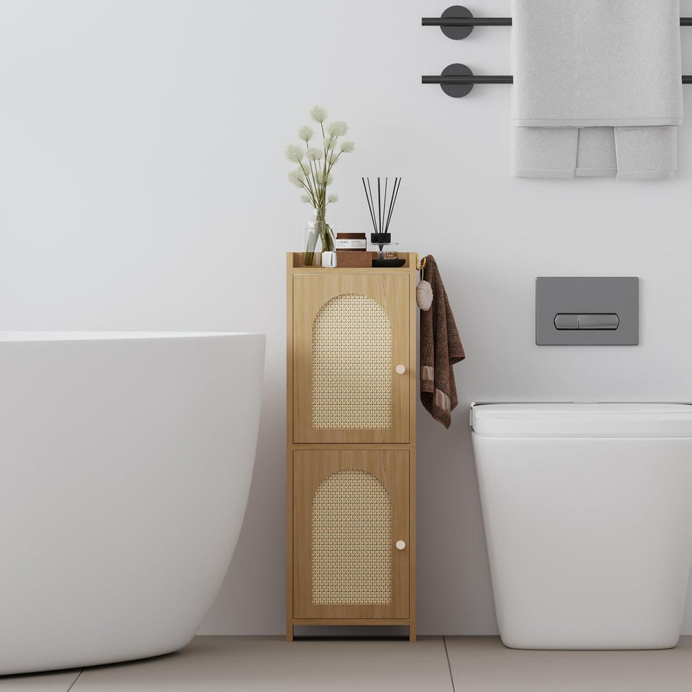 Rattan Bathroom Small Storage Cabinet with 2 Doors and Adjustable Shelf Oak