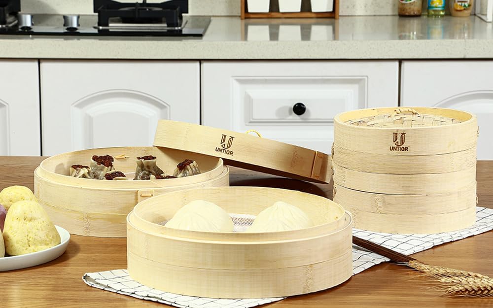 Handmade 10 inch Bamboo Steamer Basket with Reusable Cotton Liners Multi-use ...