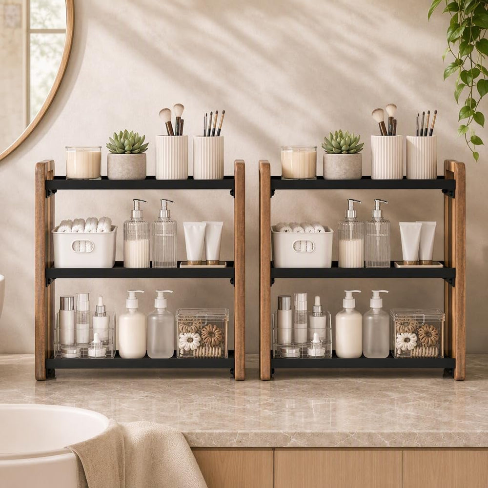 Narrow Solid Wood Bathroom Counter Organizer, Space-Saving Bathroom Storage R...