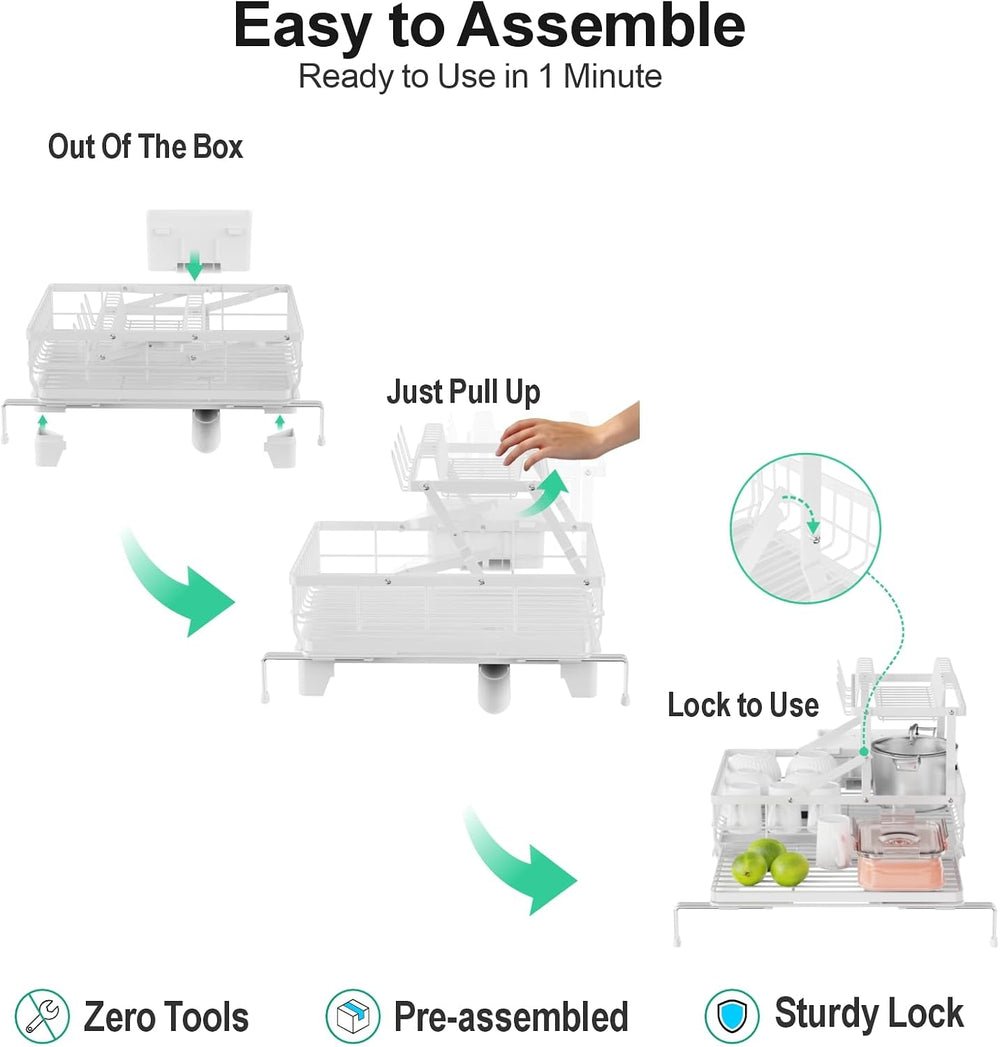 iSPECLE 2 Tier Dish Drying Rack - Expandable Over Sink & Counter Use, White