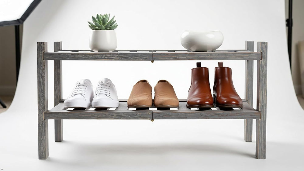 2-Tier Acacia Wood Stackable Shoe Rack - Brush Grey