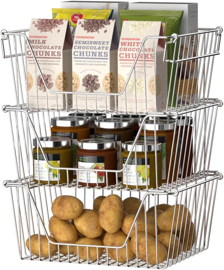 Slideep Large Stackable Storage Baskets Cabinet Organizer Sturdy Metal Wire P...