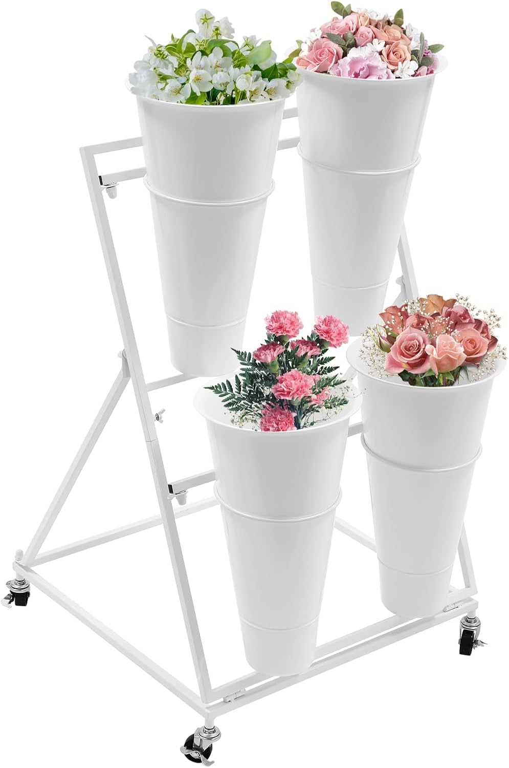 Flower Display Stand with 6 Buckets, Movable Plant Display Stand on Wheels fo...