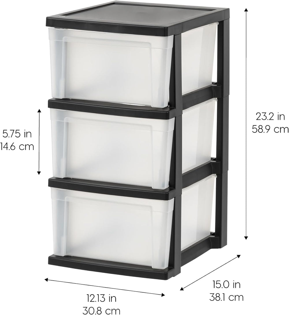 IRIS USA 3-Drawer Slim Narrow Storage Organizer, 2-Pack, Black/Clear