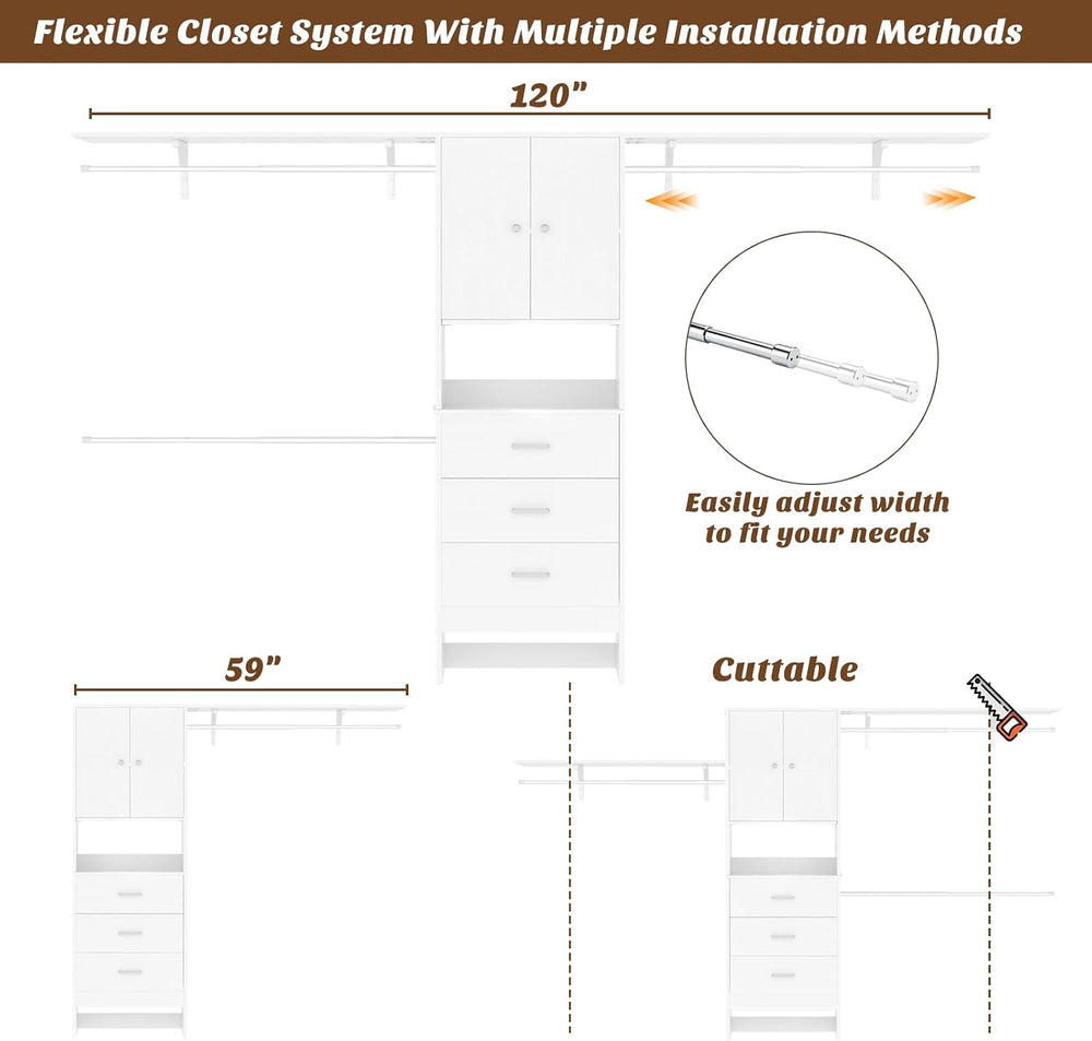 iSunirm 120" Heavy Duty Closet System with Cabinet Doors, 10FT Walk In C...