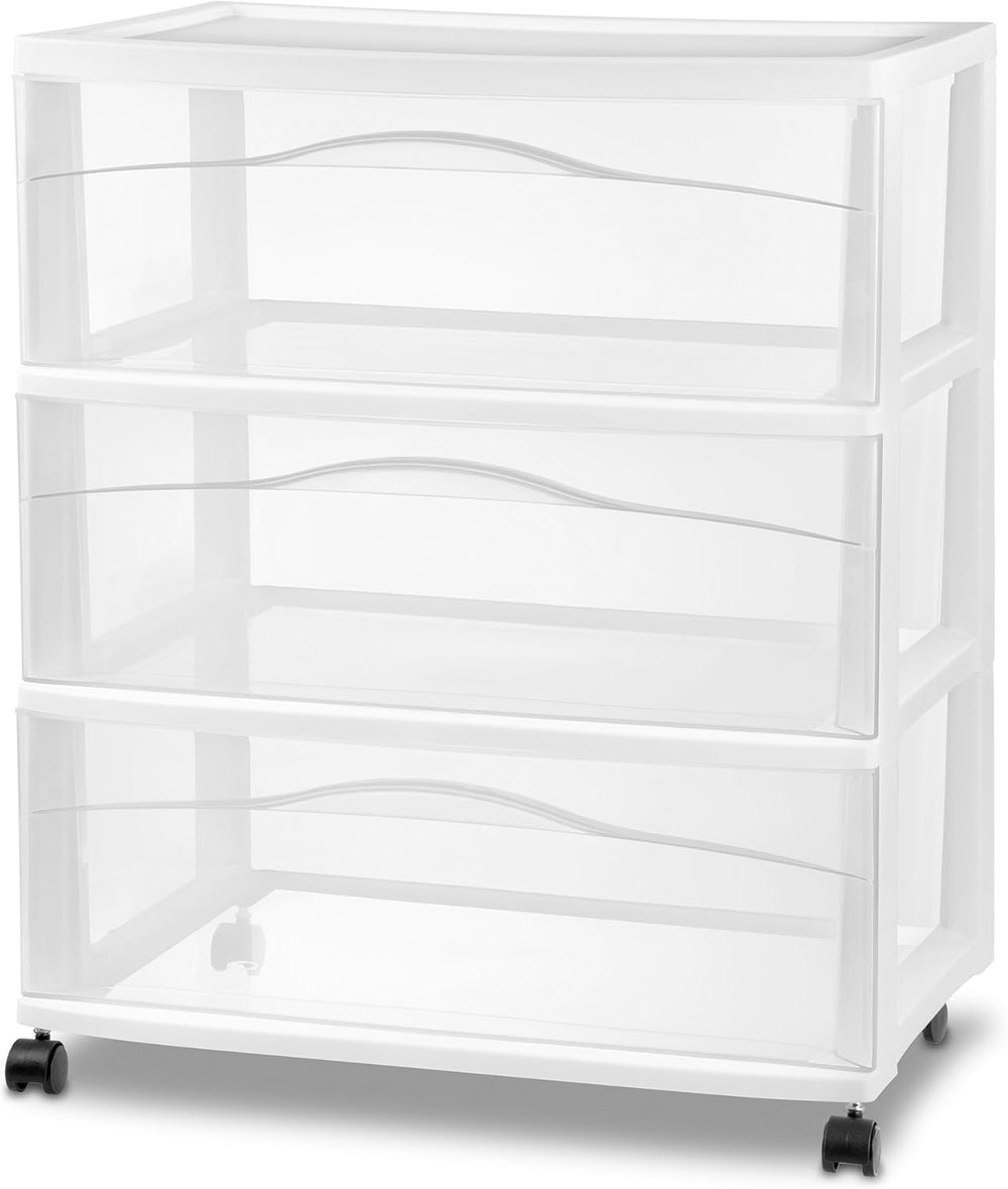 Sterilite Wide 3 Drawer Storage Cart Plastic Rolling Organizer, White Frame