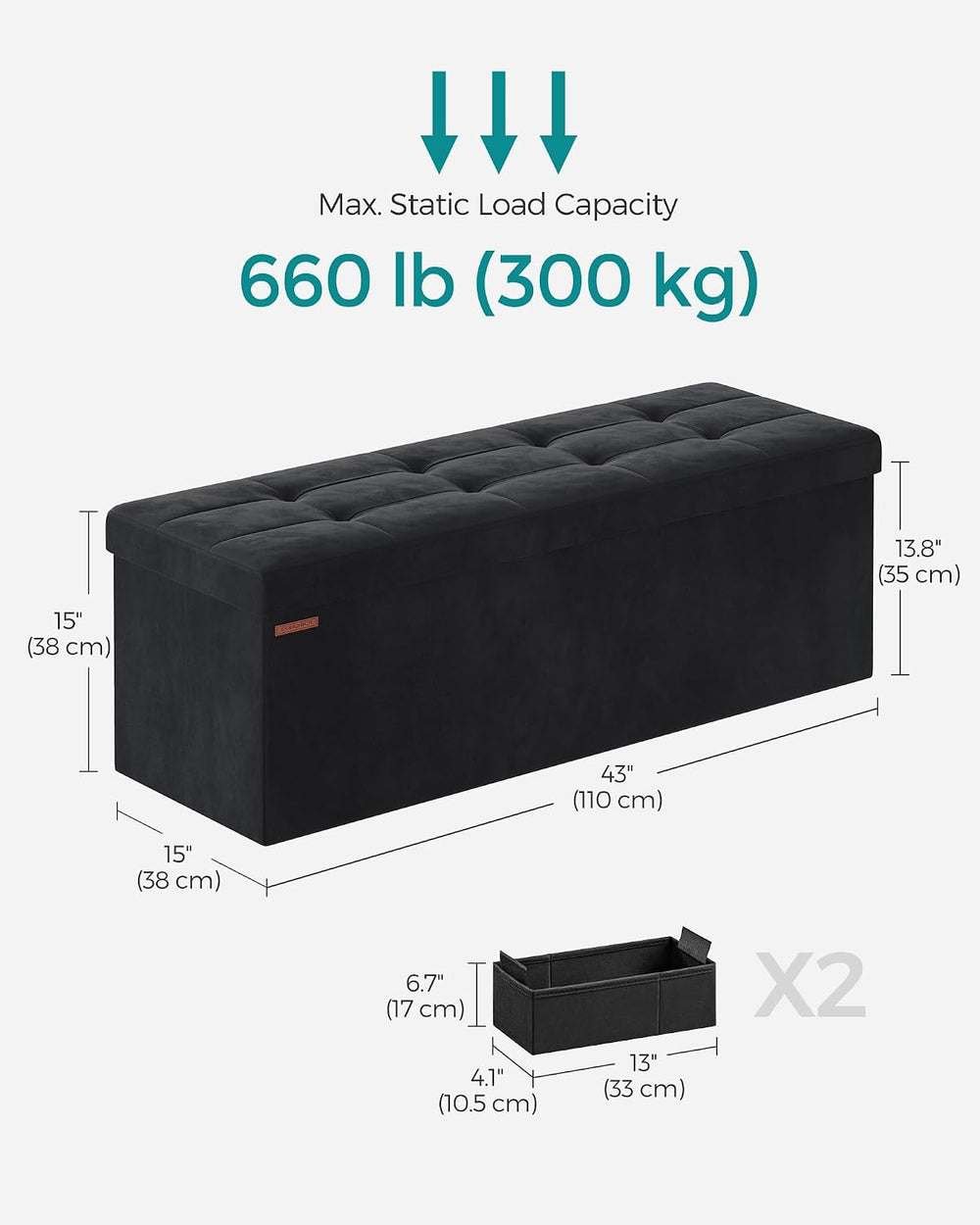 SONGMICS Storage Ottoman Bench, 43.3 Inches Velvet Foldable Foot Rest