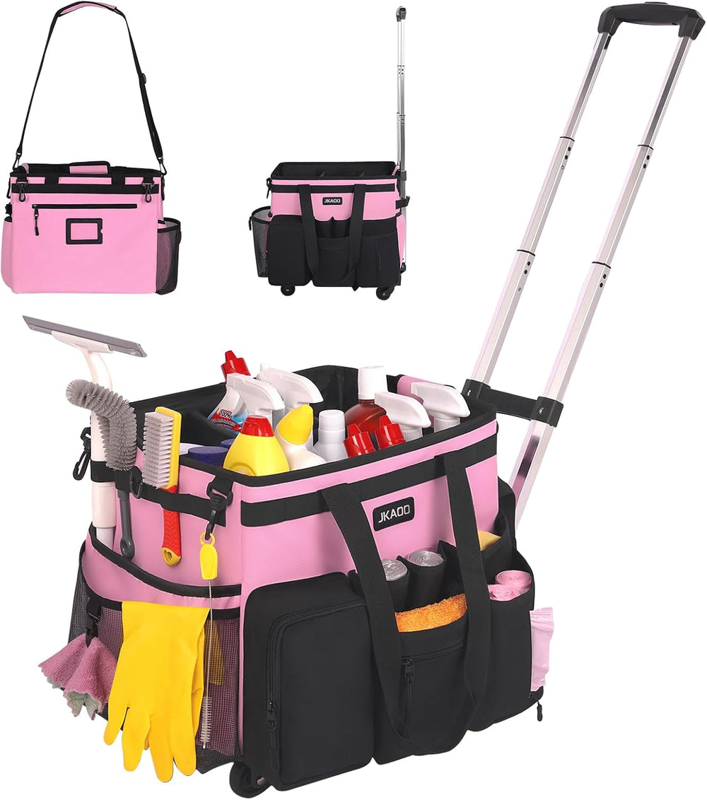 JKAOO Large Rolling Cleaning Caddy Bag with Detachable Trolley, Pink