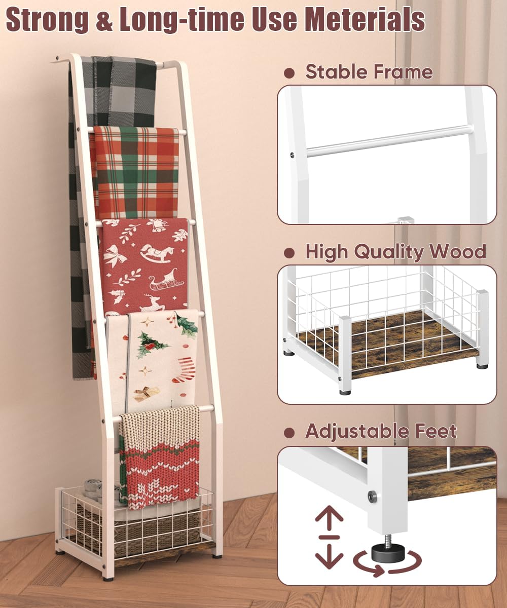 6.3ft Blanket Ladder with Storage Basket, 5 Tier Decorative Ladder Shelf Stan...