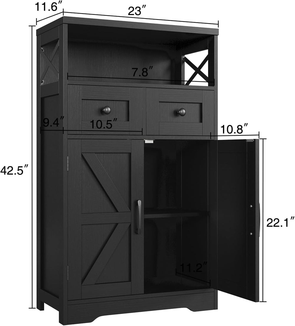 Black Farmhouse Storage Cabinet with Doors and Drawers, Small Pantry Hutch