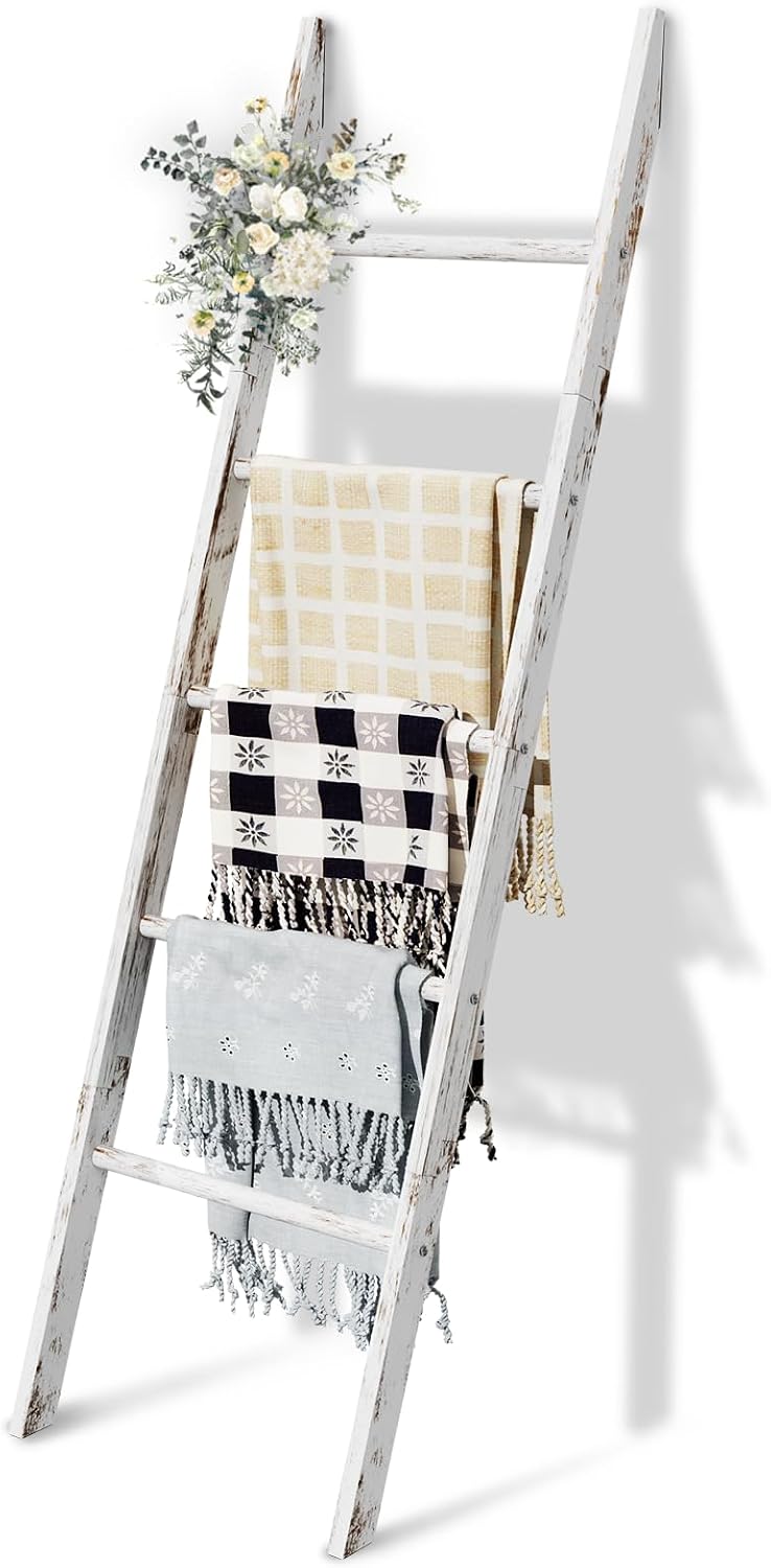 5-Tier Blanket Ladder Wooden, 5.3FT(63'') Blanket Quilt Holder Rack D...