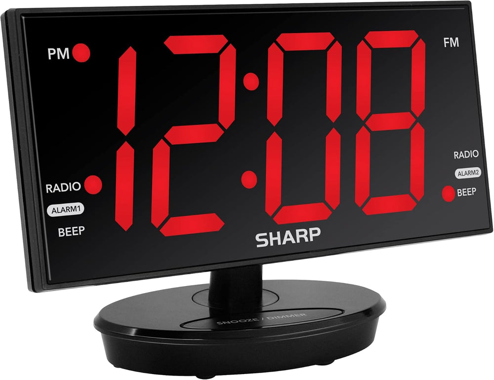 Sharp AccuSet Digital Alarm Clock, 8.9" Tilt/Swivel, FM Radio, Dual USB